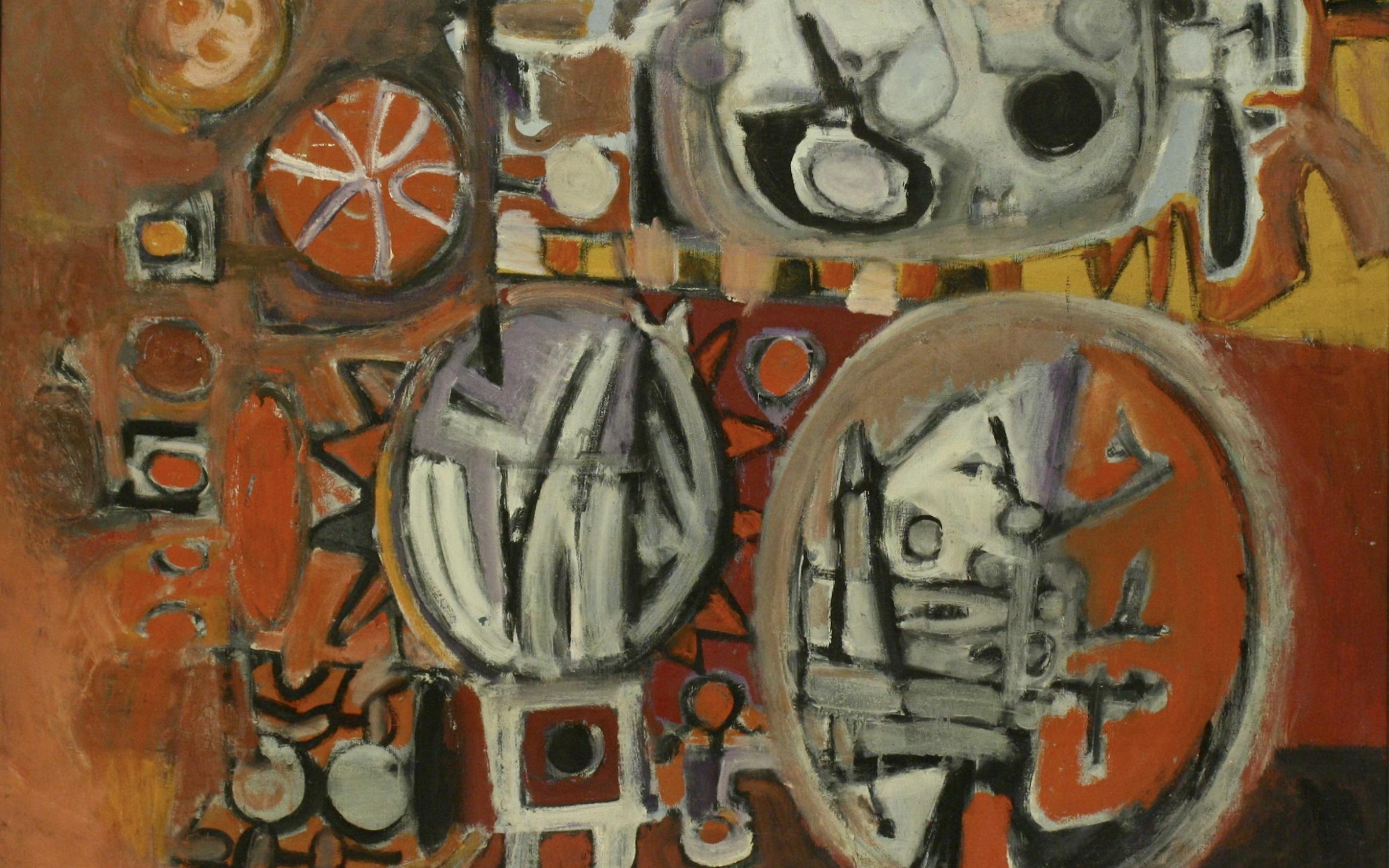 Curator Talk: Dr. ShiPu Wang A sketched oil painting of warm-colored shapes and symbols.