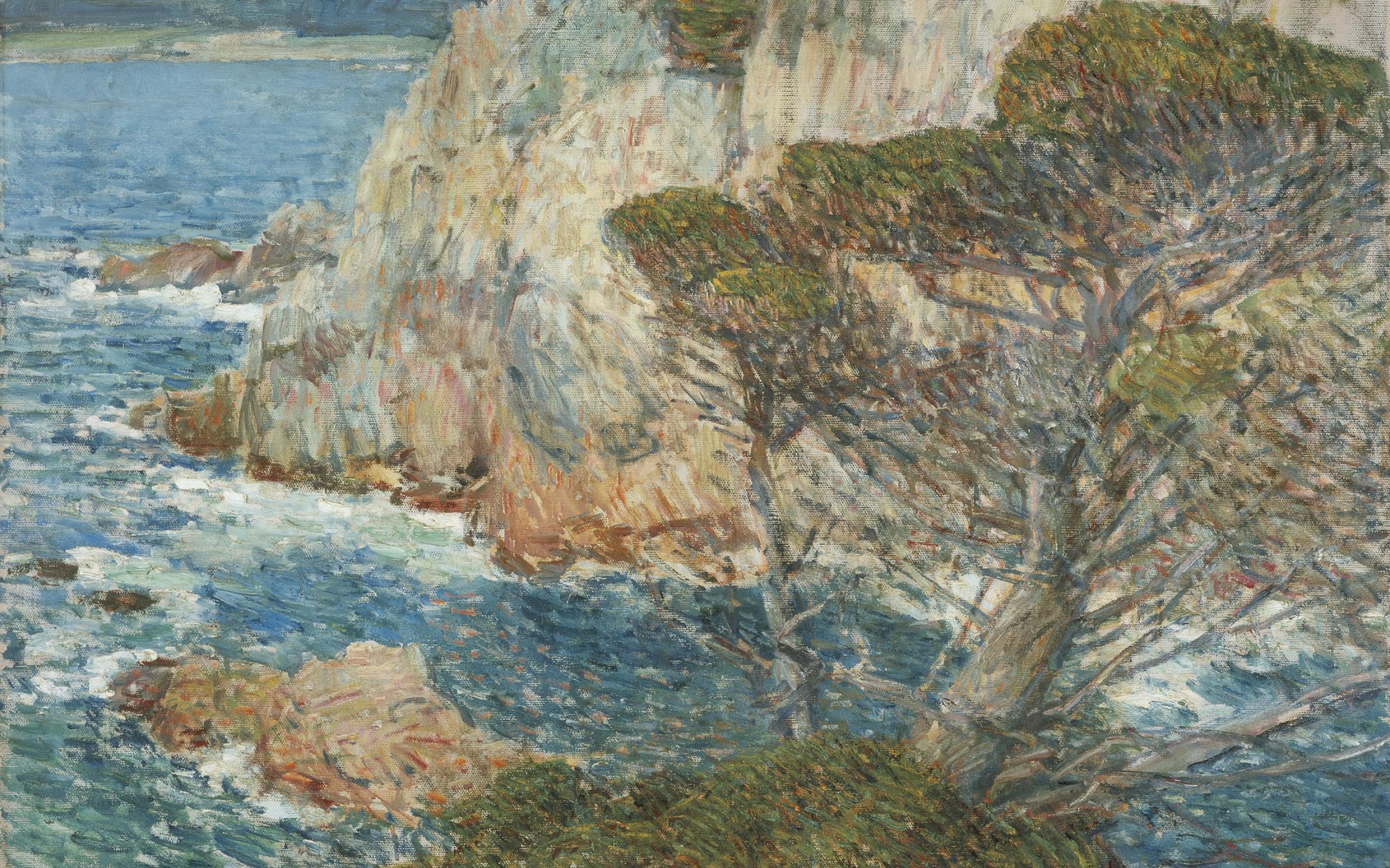 An impressionist painting of a cliffside. There's a blue ocean and brown cliffs in the background. There is a green tree in the foreground.