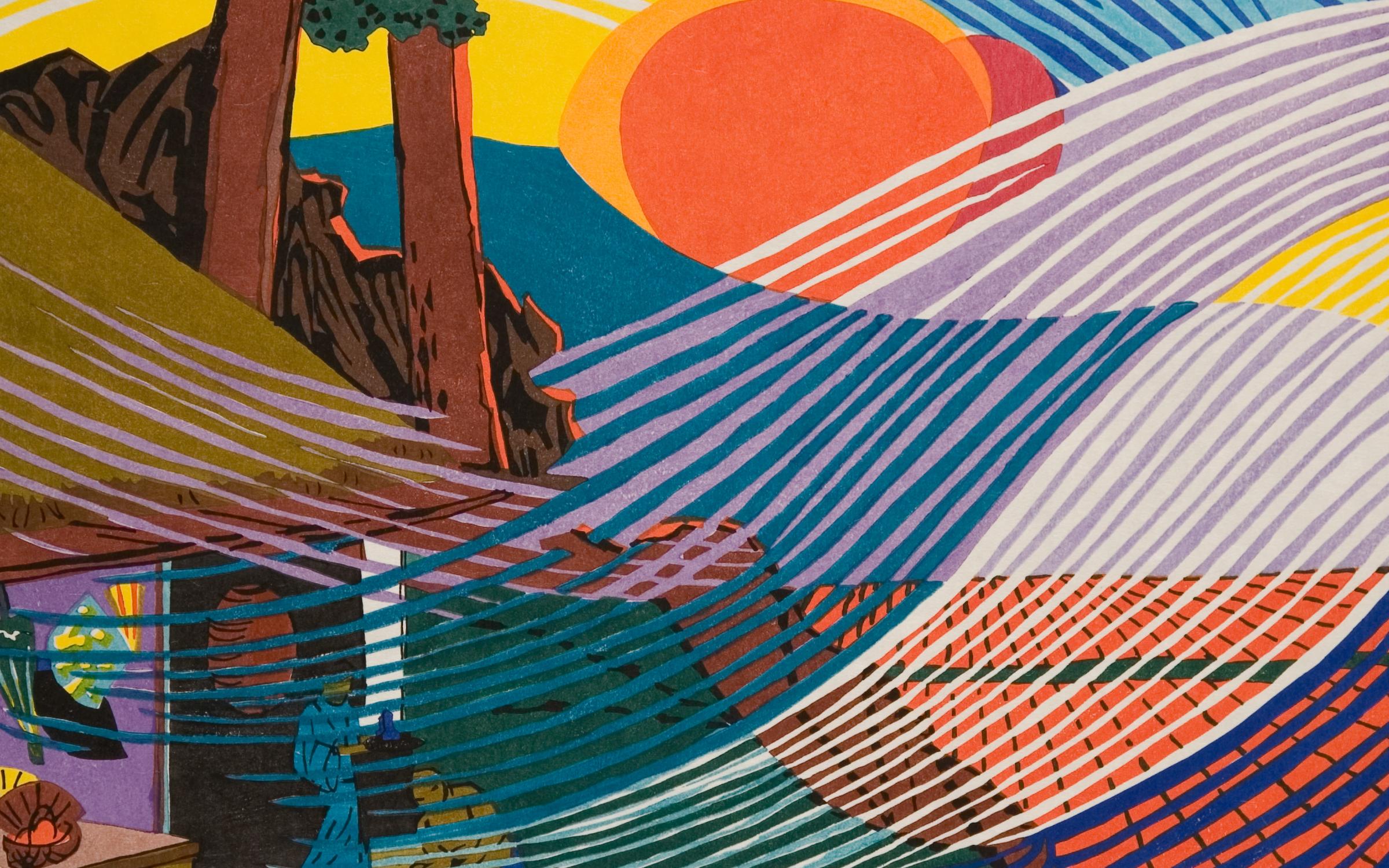 A wood cut print depicting wind through colorful lines over the top of trees, buildings, and a bright orange sun.
