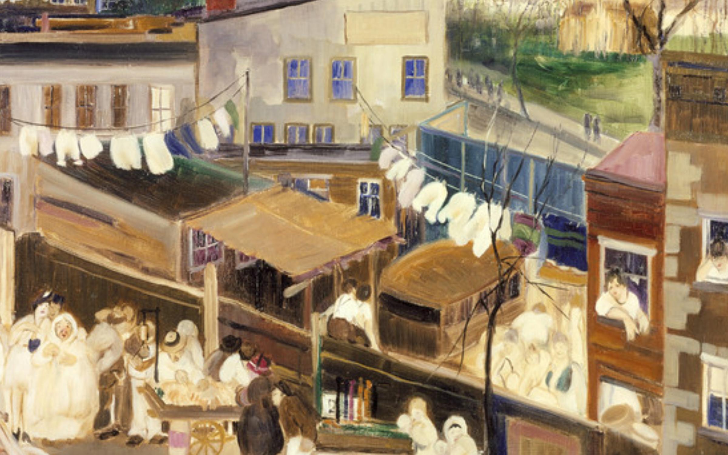 A painting of a busy street. Laundry hangs on drying lines, vendors line the road, and people lean out of windows.