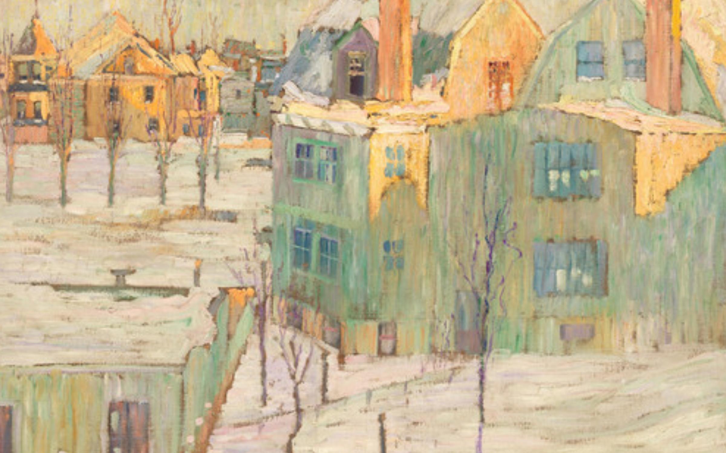 Sight and Sound: Waves of Light An Impressionist painting of houses covered with snow.
