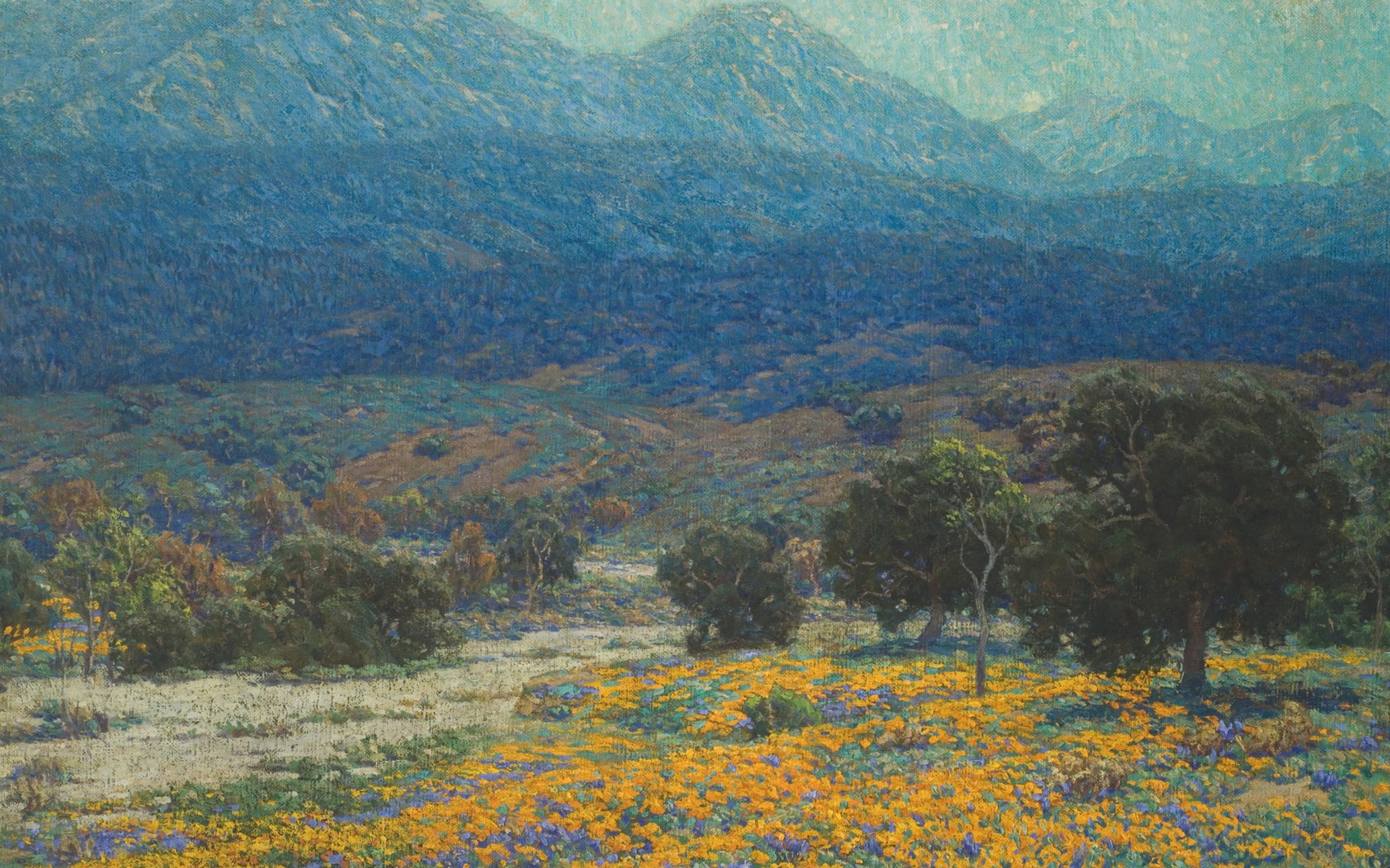 Palette to Palate A painting of a field of yellow flowers with blue mountains looming in the distance.