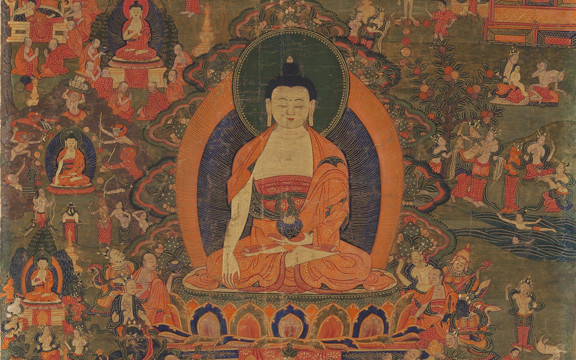 A colorful image depicting the life of Buddha