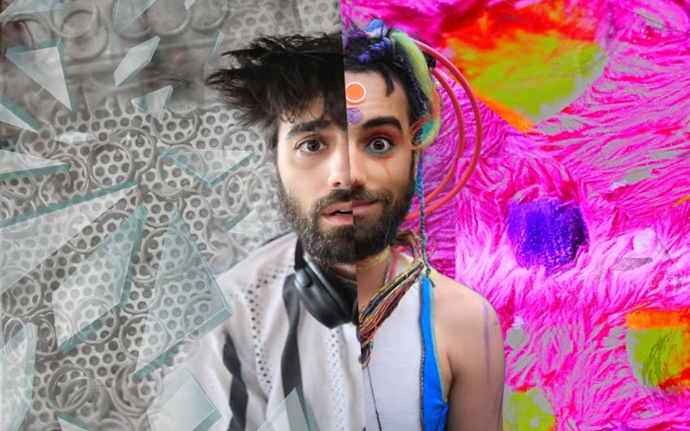 A person in front of a split background half is grey and comprised of geometric shapes the other half is comprised of bright colors and irregular textures. The man is similarly split in two halfs.