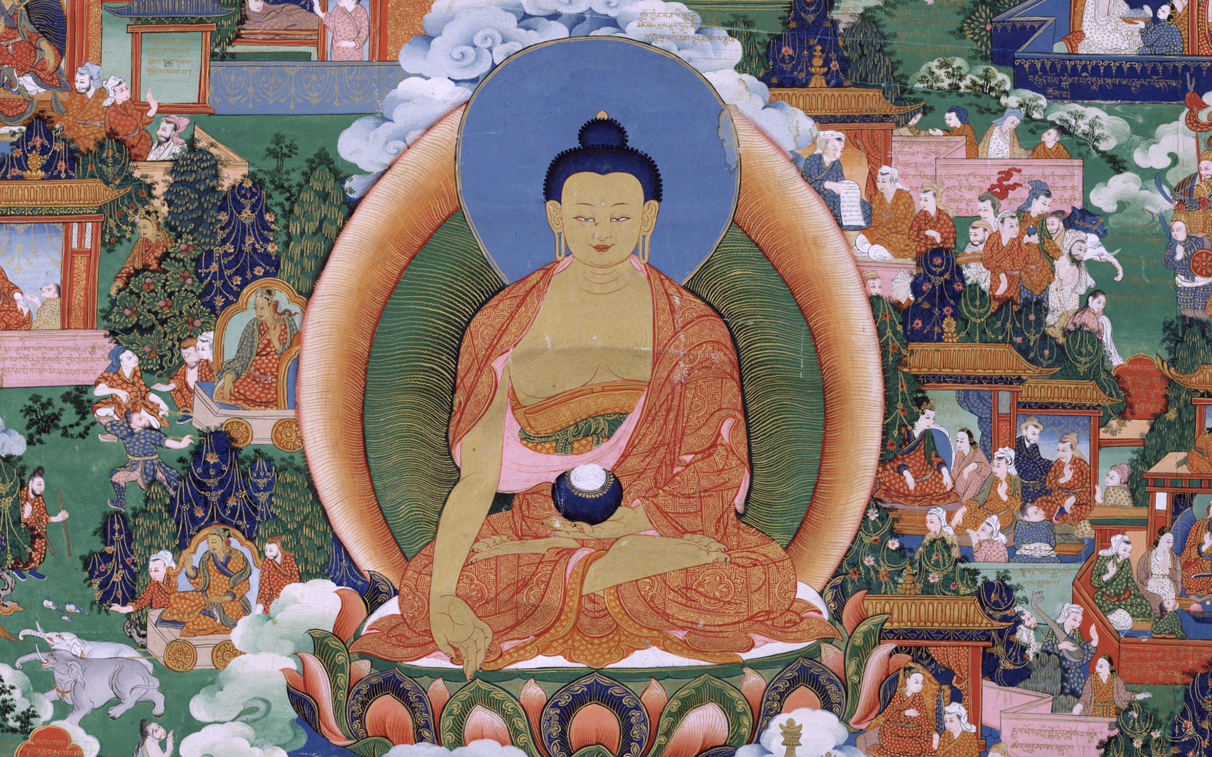 A colorful image of a buddha surrounded by smaller figures in different action scenes.