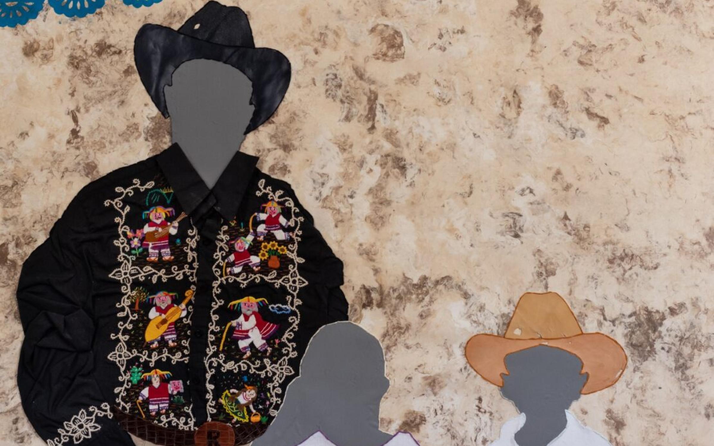 El Rancho/The Ranch, by Arleene Correa Valencia A man and two children painted on Amate paper.