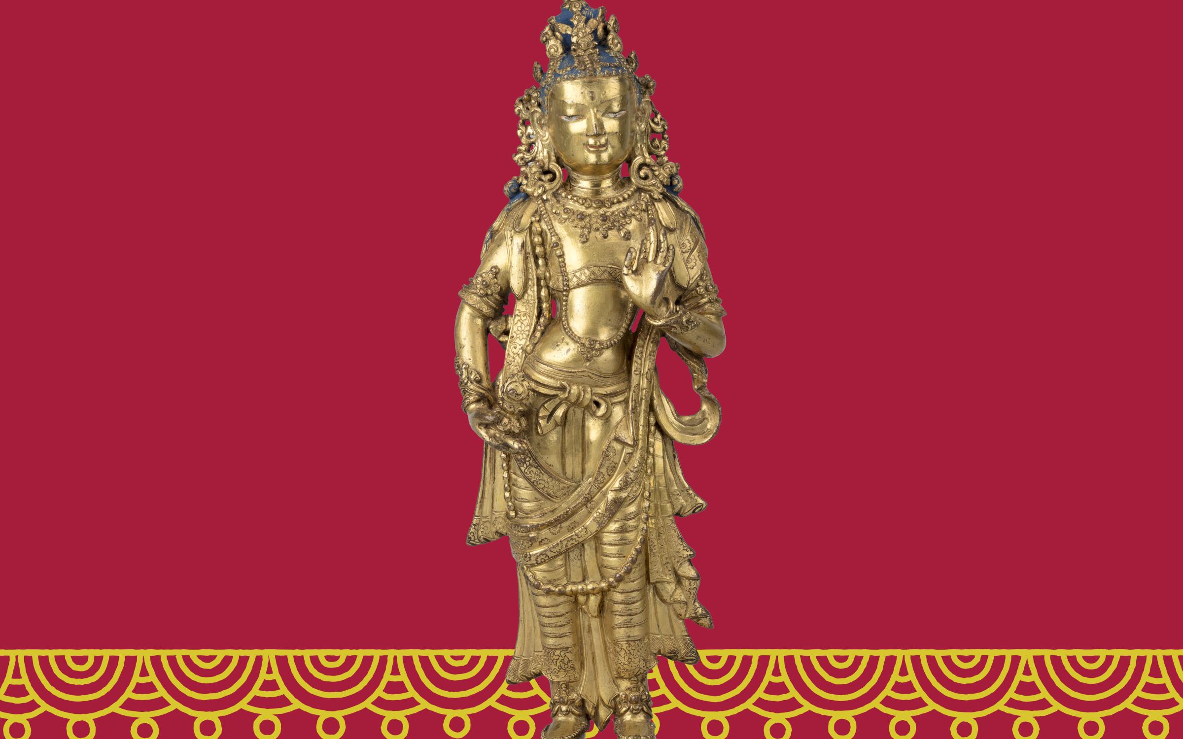 A metal statue on a red background with a gold scallop pattern at the bottom.