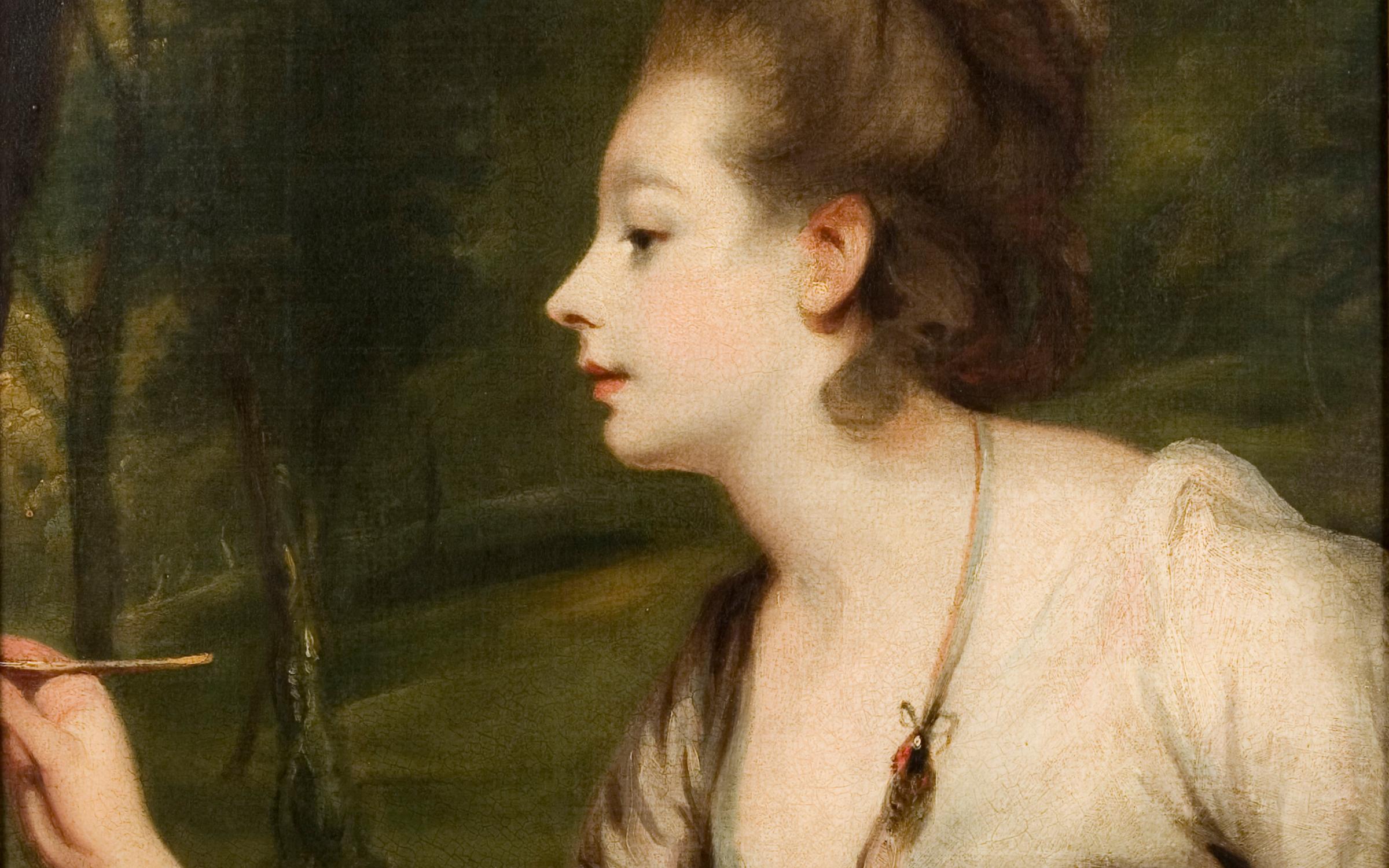 A painting of a woman with an arm outstretched with a sharp implement.