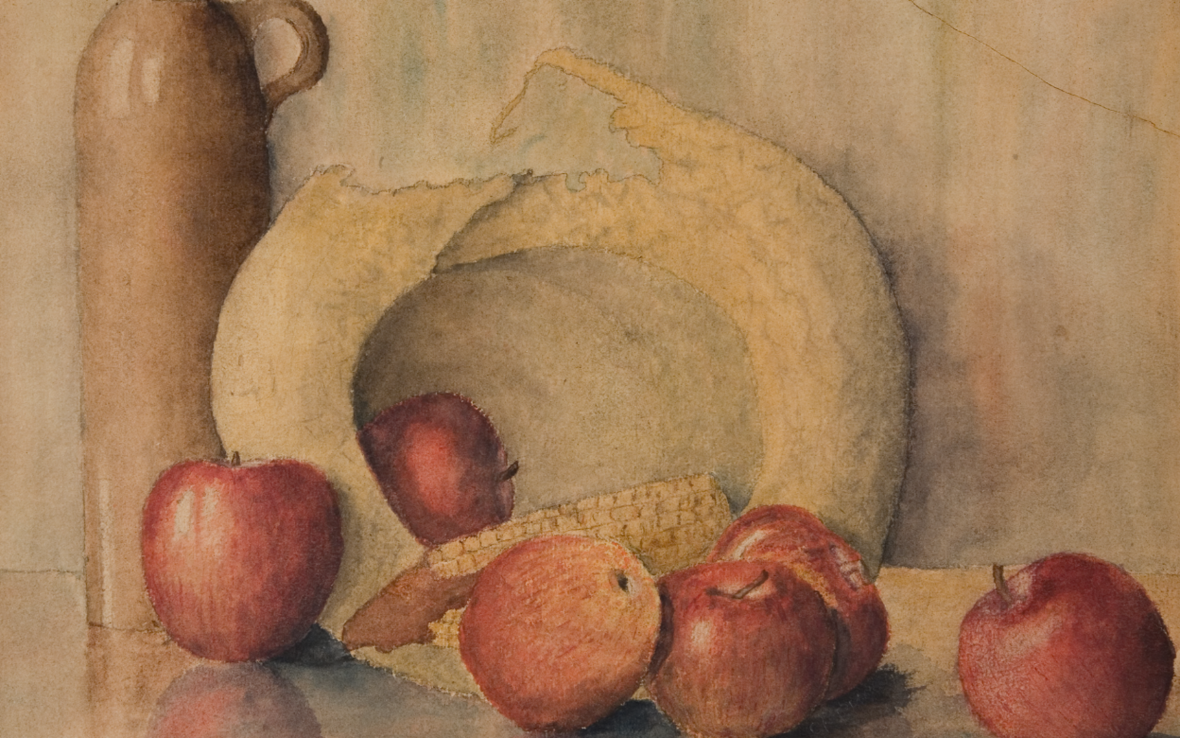 A watercolor still life with apples, corn and a jug.