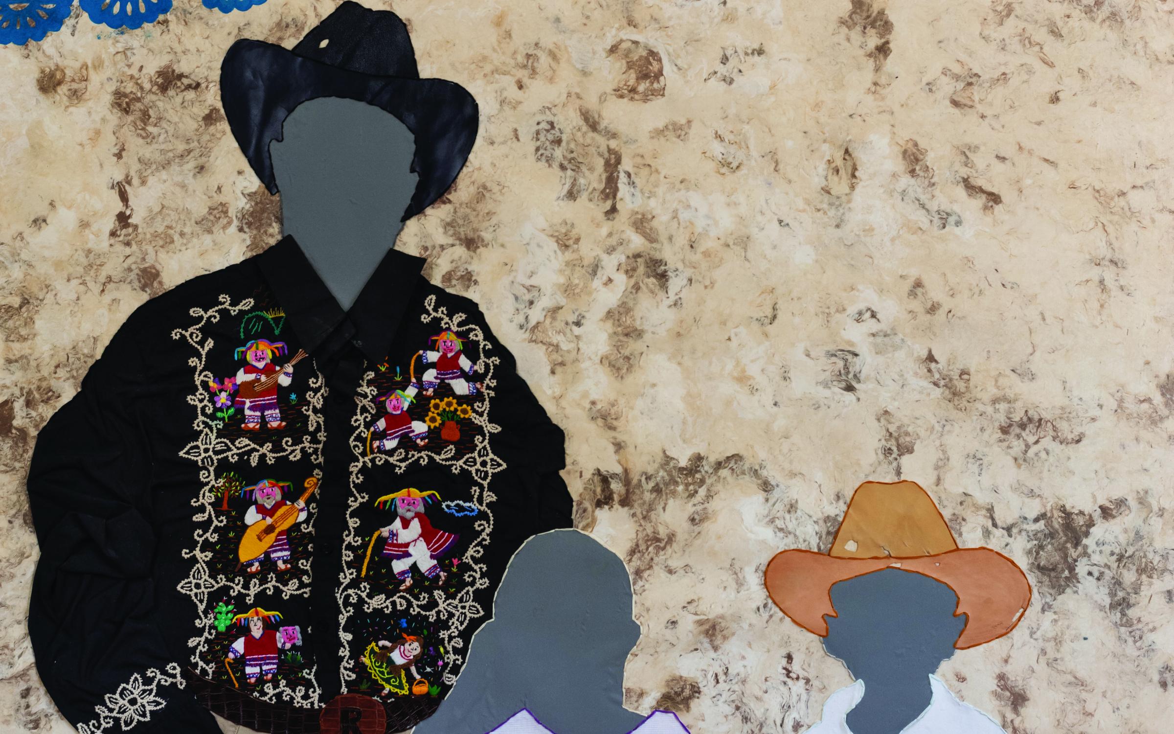 El Rancho/The Ranch, by Arleene Correa Valencia Silhouetted figures on a canvas created with paint and fabric.