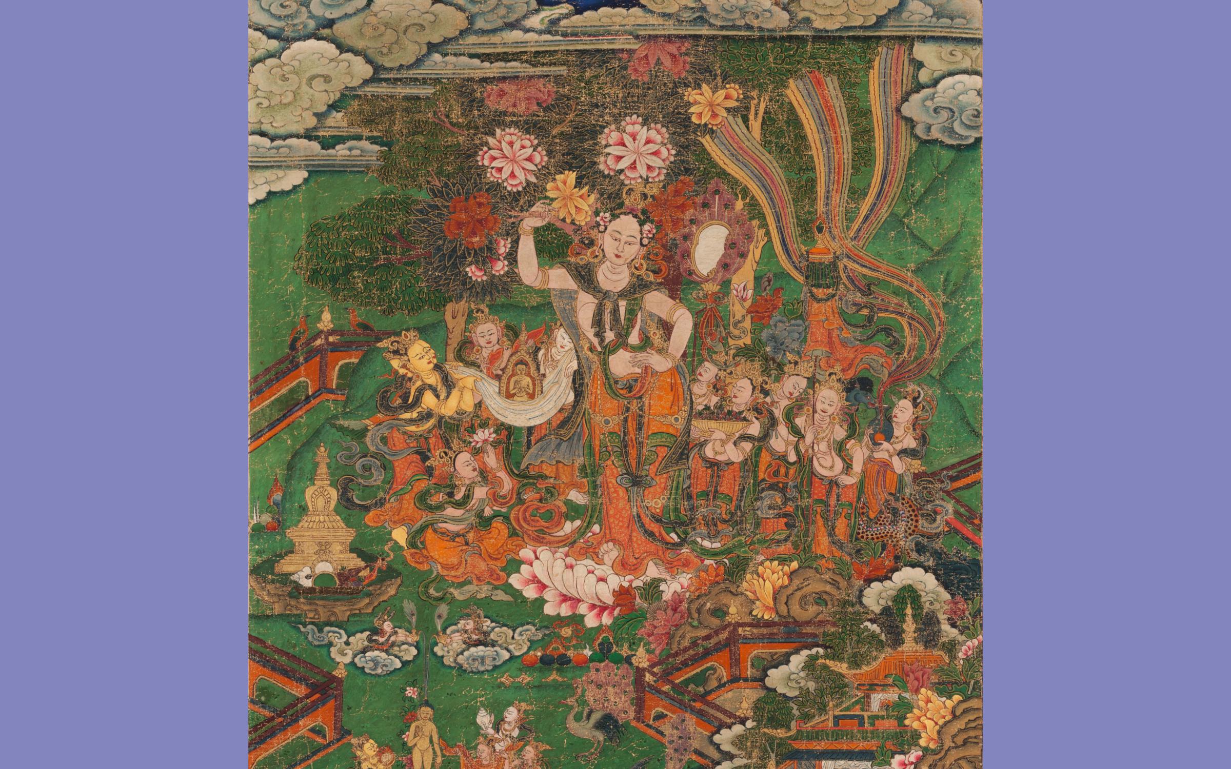 A colorful painting of the birth of the Buddha with purple bands on both sides.
