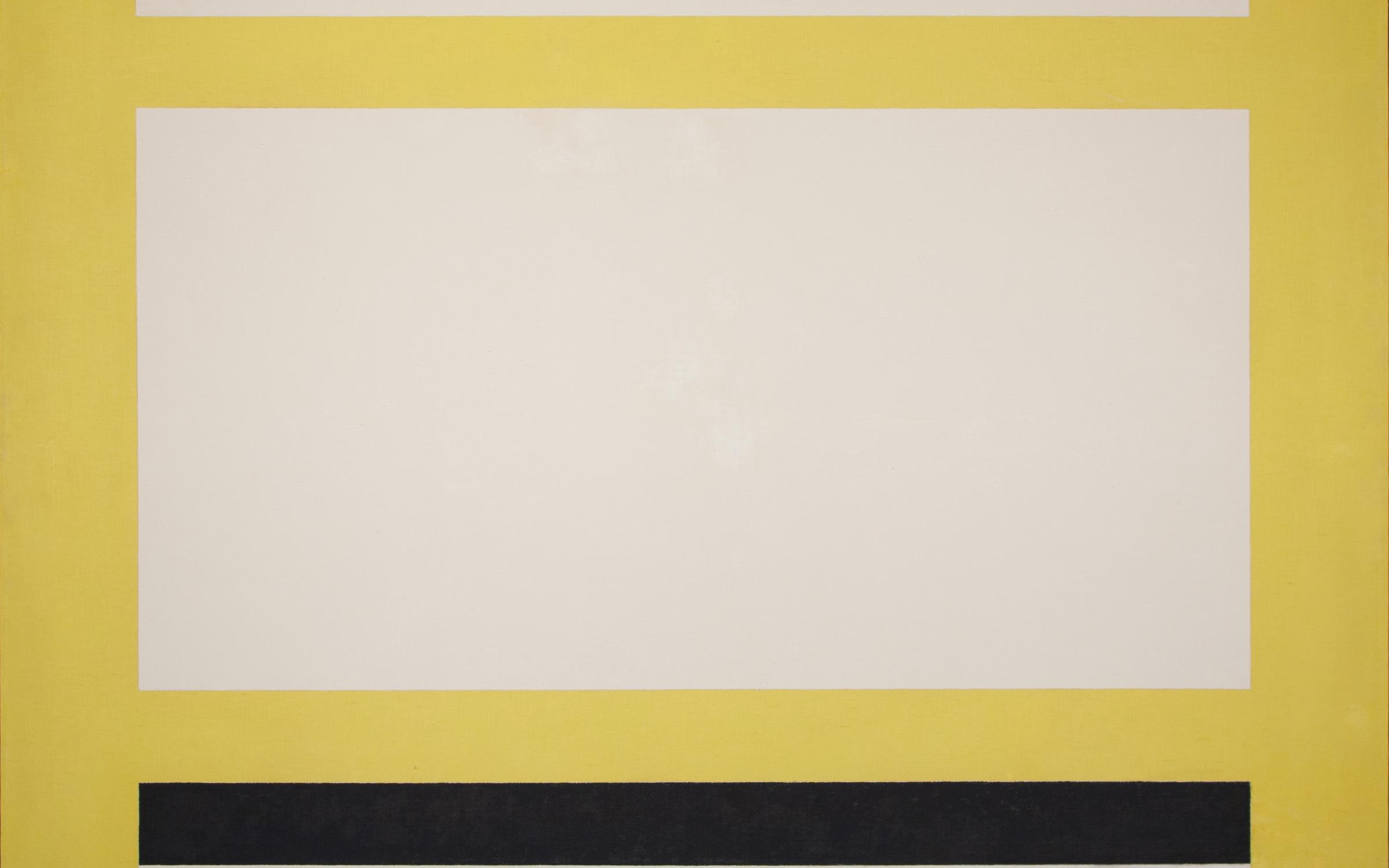 #21 A hard-edge painting with white, yellow, and black lines.