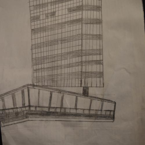  Dieu F., (African b. 2006), Building, 2018, pencil on paper.