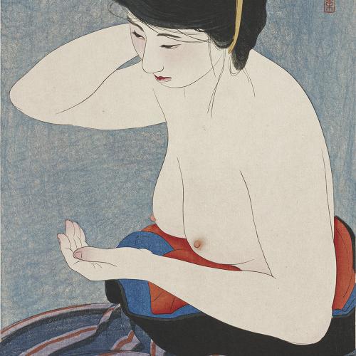 Itō Shinsui Japanese, 1898–1972 Applying Powder, spring 1922 From the series Twelve Forms of New Beauties Woodblock print; ink and color on paper Published by Watanabe Shōzaburō Gift of Ellen and Fred Wells  2002.161.70, Photo: Minneapolis Institute of Art