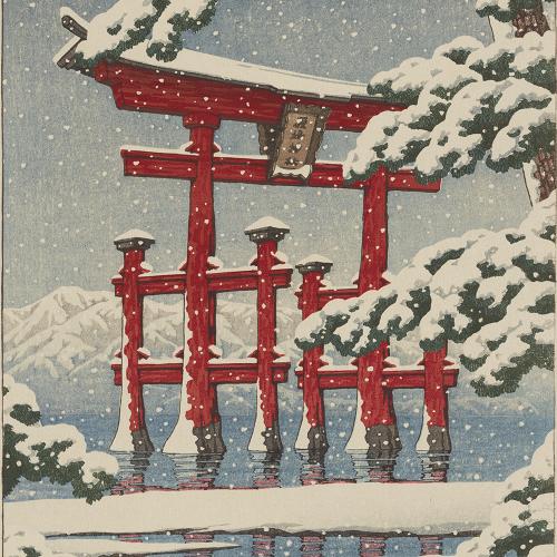 Kawase Hasui Japanese, 1883–1957 Snow at Miyajima Shrine, July 1929 Woodblock print; ink and color on paper Published by Kawaguchi Jirō Carved by Maeda Kentarō Printed by Komatsu Wasankichi Gift of Paul Schweitzer, P.77.28.12, Photo: Minneapolis Institute of Art
