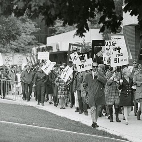 Antiwar demonstrations around University of Utah campus, 1970. University of Utah Archival Photograph collection, P0305, Campus Life: Demonstrations. Special Collections, J. Willard Marriott Library, the University of Utah. 
