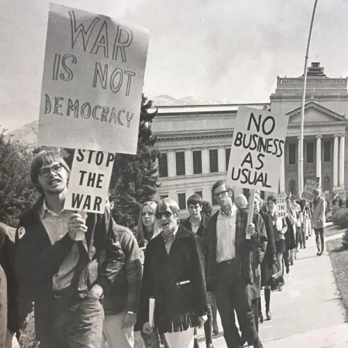 Antiwar demonstrations around University of Utah campus, 1970. University of Utah Archival Photograph collection, P0305, Campus Life: Demonstrations. Special Collections, J. Willard Marriott Library, the University of Utah. 