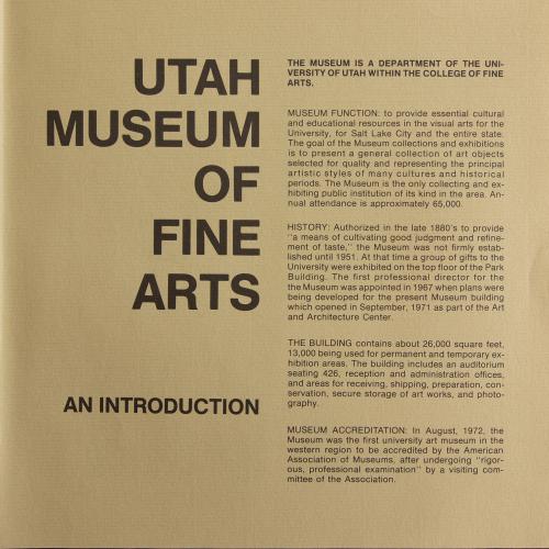 Cover page with title "Utah Museum of Fine Arts An Introduction" a brochure from 1972 about the recently completed museum building's function, history, and accreditation.  