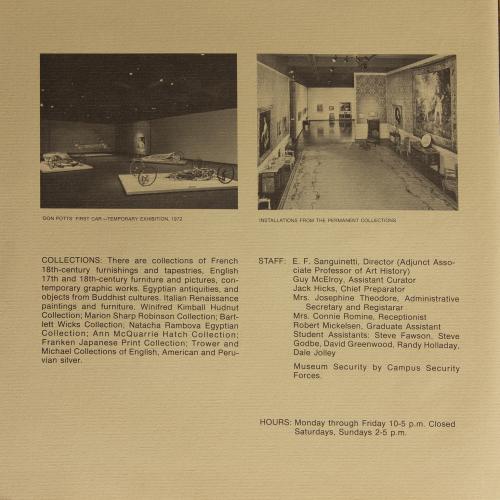 Back cover of a brochure about the UMFA a recently-completed building, 1972, with images of temporary and permanent collection exhibition spaces. description of types of objects in the permanent collection, list of museum staff, and museum hour of operation.