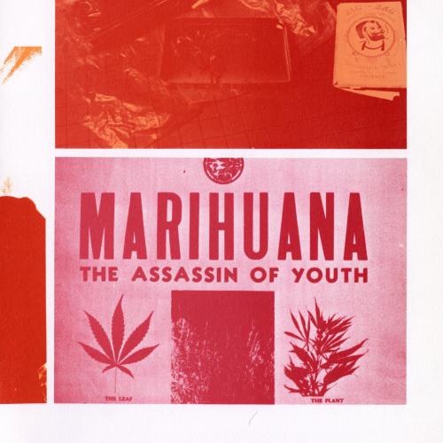 Page 56 from the University of Utah "Utonian," 1970-71. Reads "Marihuana The Assassin of Youth" on an all red page with images of cannabis leaves and rolling papers. Special Collections, J. Willard Marriott Library, University of Utah. 