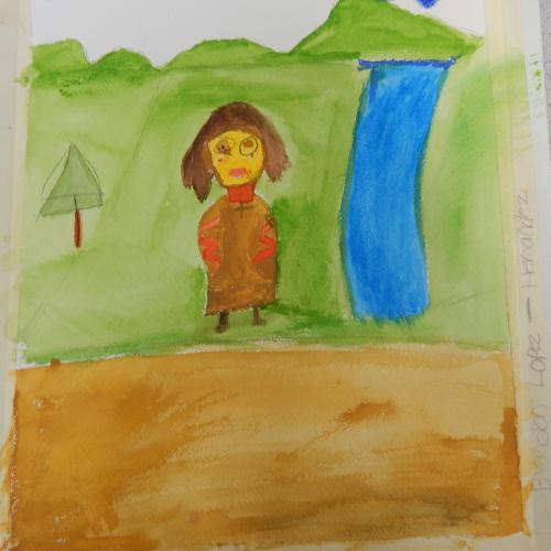 a child's watercolor painting of a woman with brown hair in a green field next to a river