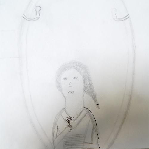 a childs pencil drawing of a womens reflection in a oval mirror