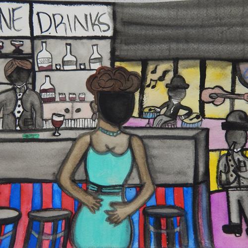 a drawing of a jazz bar women in a teal dress in front and center facing a bar with the words wine drinks above it there a drummer and saxophone player  to the left of the bar