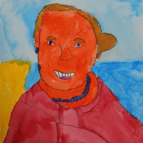 a childs watercolor portrait of a women in a red shirt