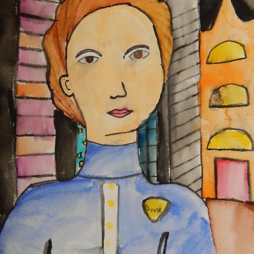 A water color of a reed headed female police officer in uniform