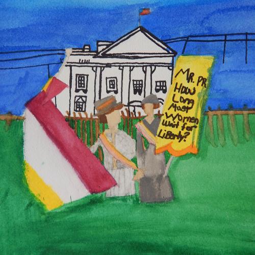 a student water color of two suffragettes protesting on the lawn in front of the White House