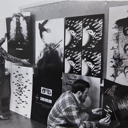 Graphic design students display their anti-pollution poster designs, 1970. University of Utah Archival Photograph Collection P0305, D – Art 1970-1979, Folder 1, No. 3. Special Collections, J. Willard Marriott Library, the University of Utah. 