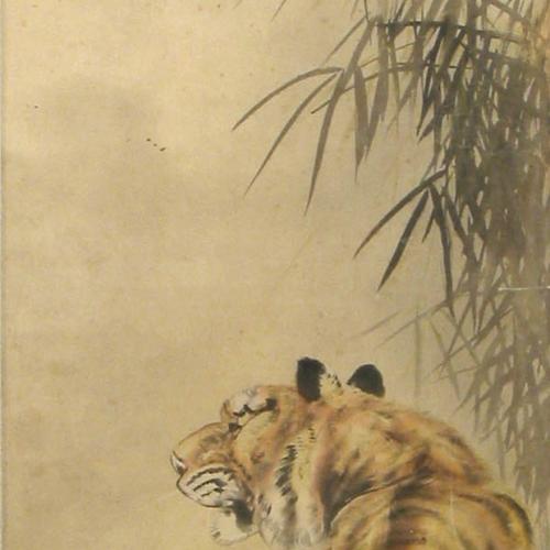 A tall rectangular drawing of a yellow and brown tiger. The tiger is looking away from the viewer and is walking among green bamboo plants. A crescent moon is at the top of the drawing. Grey clouds cover the right side of the sky and cover a portion of the moon. 