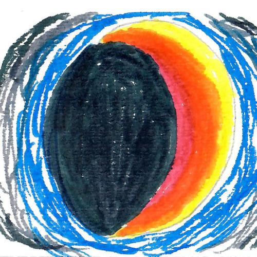 A crescent moon in red and yellow marker