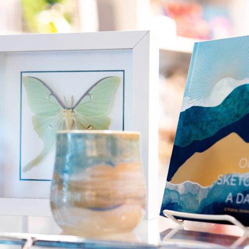 Museum stor products, a framed and mounted butterfly specimen, a hand-thrown mug, and a journal with an abstract landscape on the cover. All three items have the same sandy brown and blue color pallet