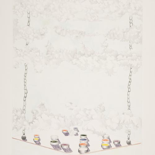 Lithograph on white paper of a platform hanging from chains dangling from the top to the bottom of the page, lines of clouds cover the chains, 14 cups with varying colors on the platform.  