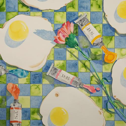 Top view of a table covered in a blue and green checkered table cloth, a pink flower runs diagonally from the bottom right corner through the middle of the drawing, five egg yolks and three tubes of oil paint cover the table. 