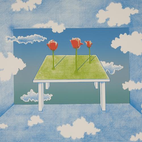A field of blue sky with fluffy white clouds, with a green table in the center, three red tulips on the table.