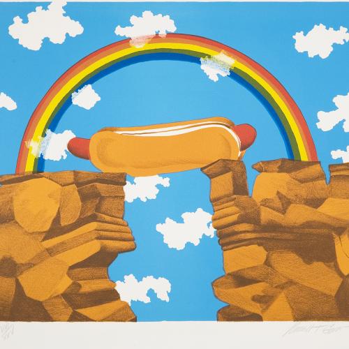 Two cliffs of red rock flank the right and left sides of the page, a hot dog in a bun bridges the gap between the cliffs with a rainbow  and blue sky with clouds in the background. 