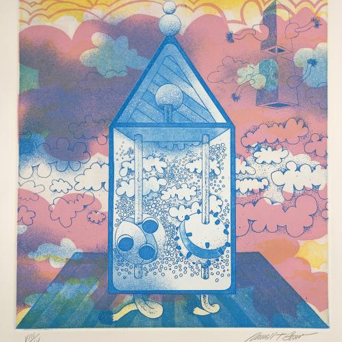 Blue, pink and yellow drawing with clouds in the background and a building filled with shapes in the middle of the page. 