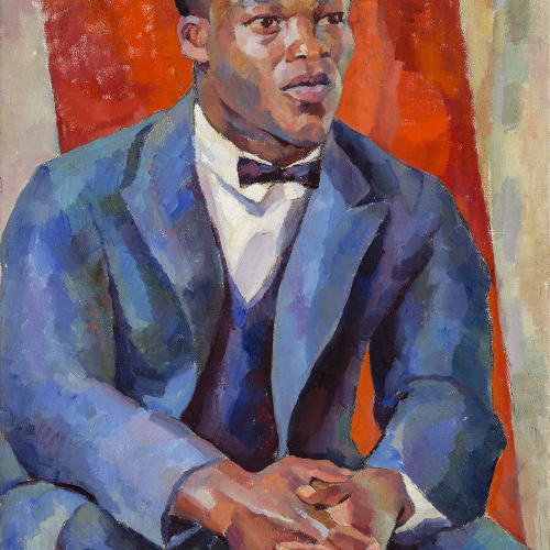 A painting of a black man sitting and posing in a blue suit with a matching bow tie in front of a red background