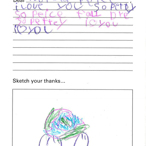 A letter written in a child's handwriting. The letter is addressed to "Wolrd peice" and reads "Dear Worced peice. i Love you so prettey so peicefall, bre so pettey i [heart] you. i [heart] you." There is a drawing of two hands holding a globe.