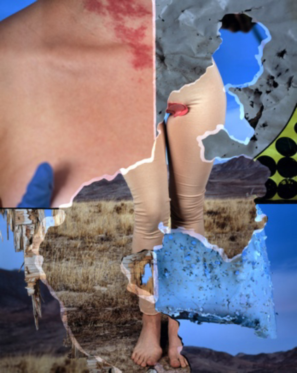 a collage of torn photographs. Several images are fragments of landscapes. The main image in the center is a pair of legs standing in a landscape. The top left image is a closeup of a person’s shoulder.
