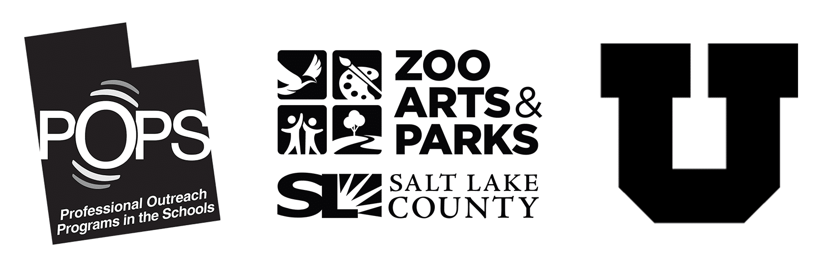 Three black-and-white logos: POPS (Professional Outreach Programs in the Schools), Zoo Arts & Parks with child, butterfly, and music icons above Salt Lake County, and a block U symbol.