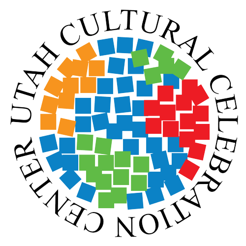 Colorful squares form a circular mosaic with orange, blue, red, and green sections. Curved text around the circle reads Utah Cultural Celebration Center.