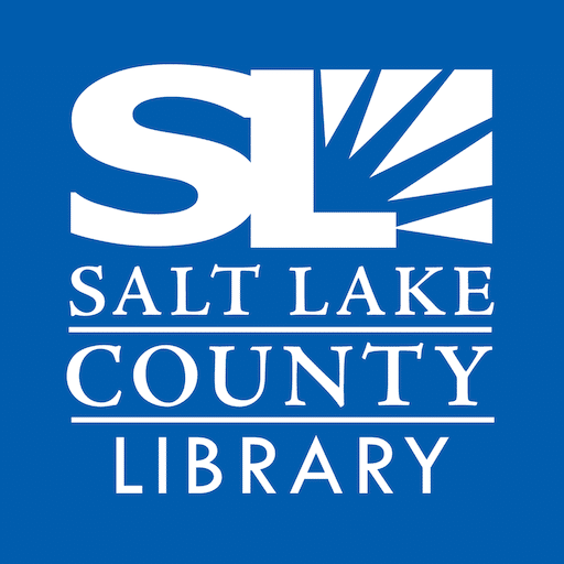 Salt Lake County Library logo featuring large white SL with sun rays on a blue background, above the words Salt Lake County Library in white capital letters.