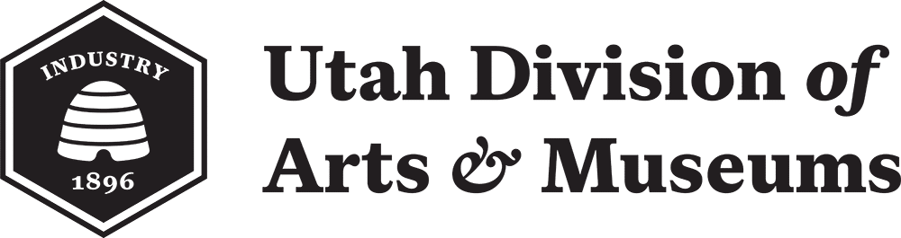 Utah Division of Arts & Museums logo, featuring a hexagon with a beehive, the word Industry, and 1896 inside, next to the divisions name in bold black text.