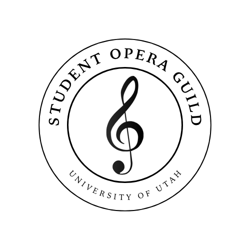 A circular logo for the Student Opera Guild with a large black treble clef symbol in the center.
