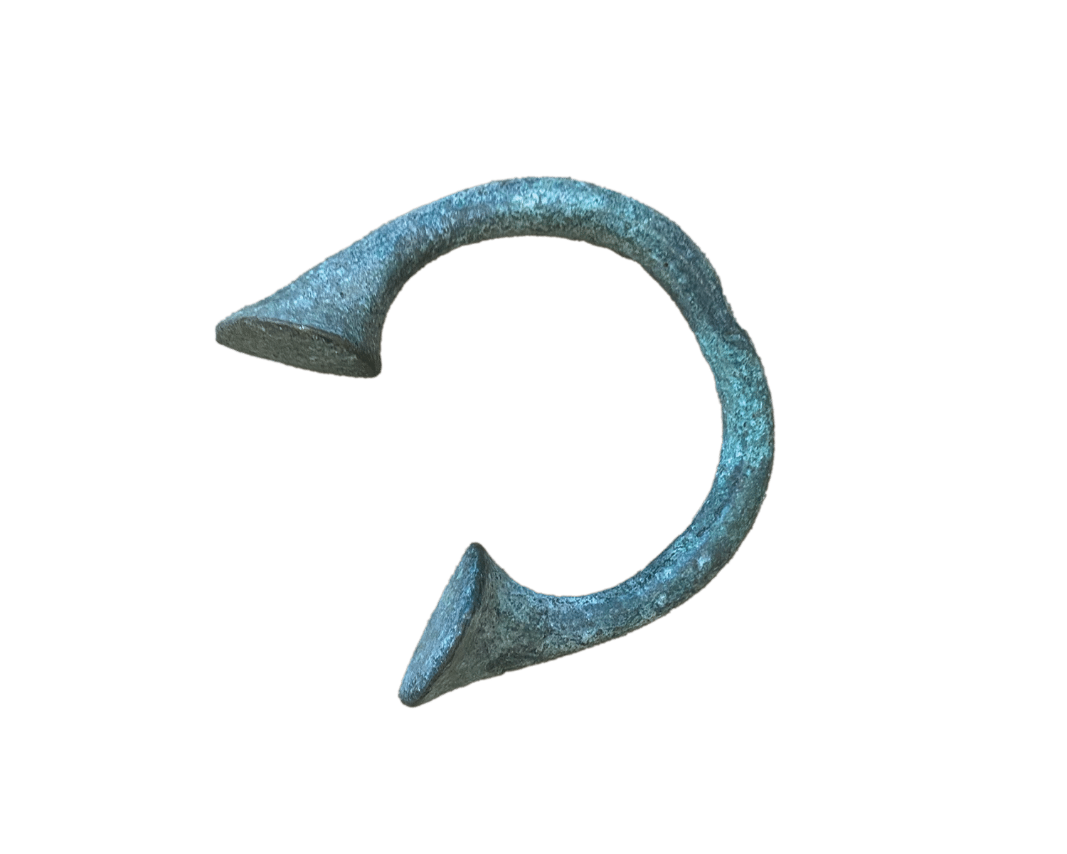 A greenish, corroded bronze ring with pointed, flared ends, shaped like an incomplete circle, displayed on a plain white background.