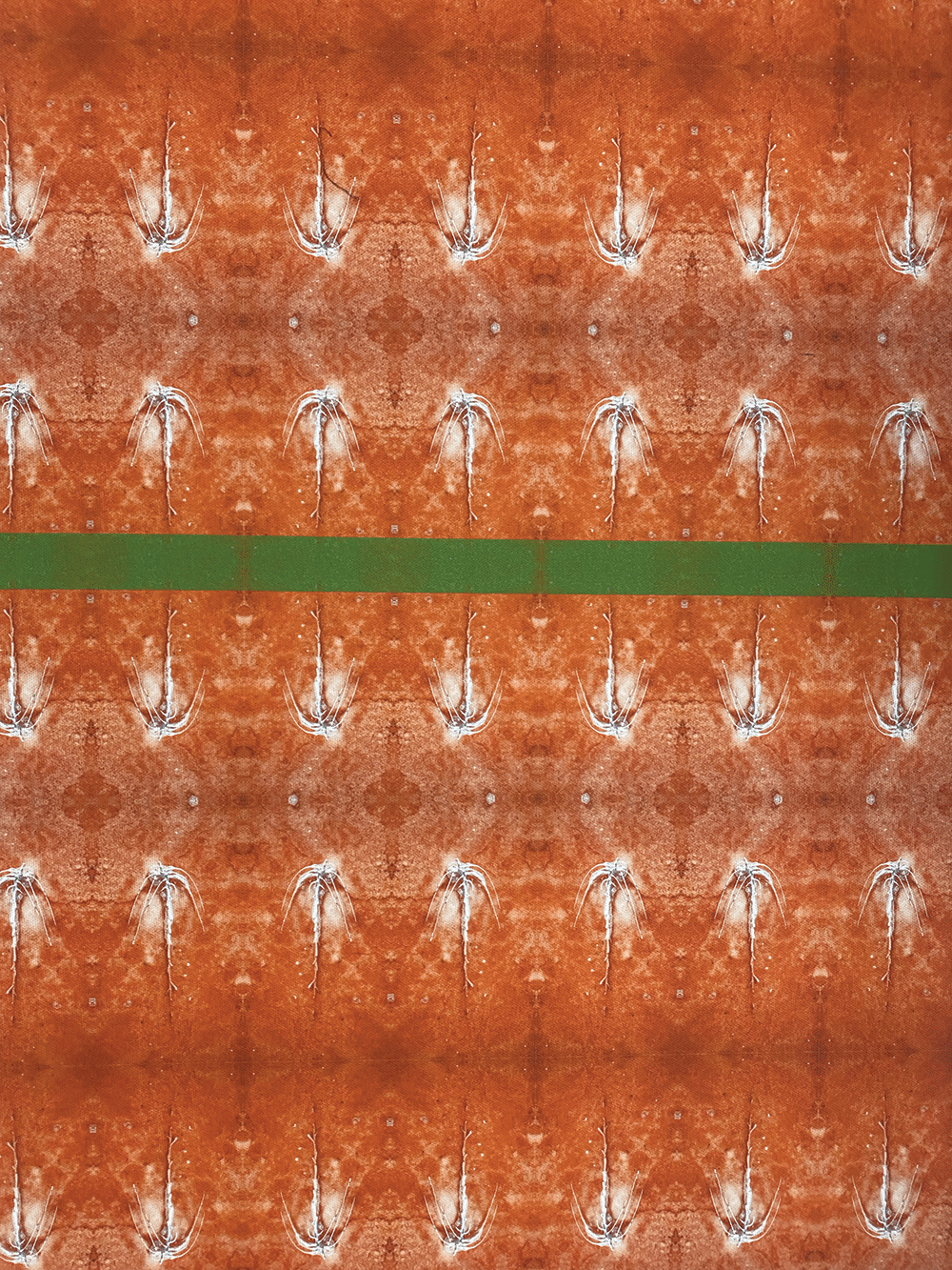 Overhead view of a clay tennis court with a single green line running horizontally, creating a symmetrical pattern. White marks and lines from tennis play are visible across the courts orange-brown surface.