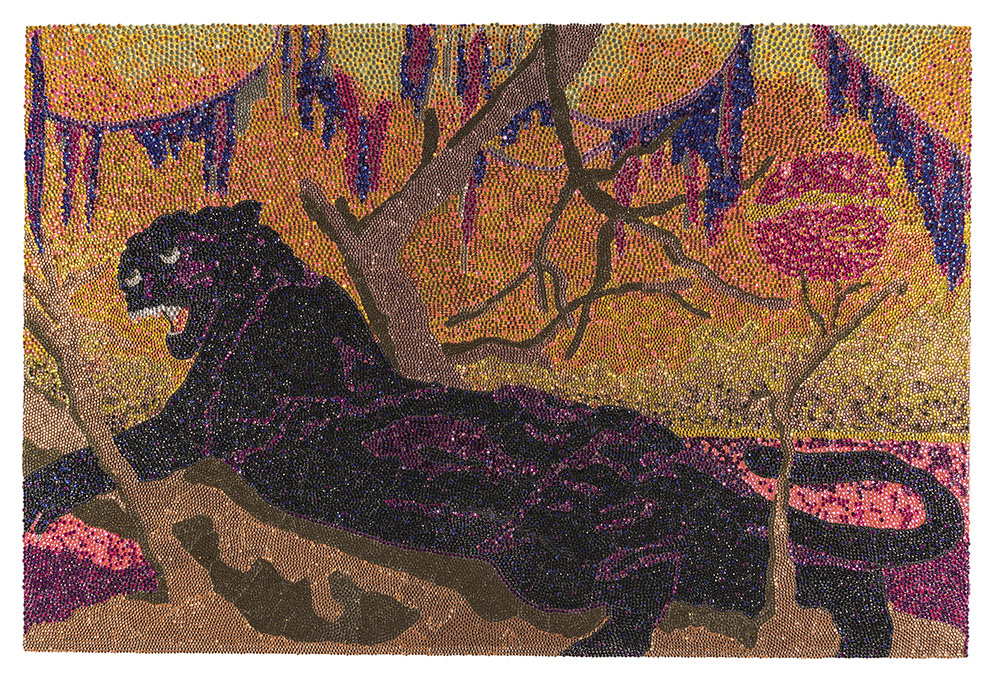 Thomas, Mickalene, Panthera, 2002, rhinestones on acrylic on birch panel. Published by The Studio Museum in Harlem,with funds provided by the Acquisition Committee, 2003.10.9. © Mickalene Thomas / Artists Rights Society (ARS), New York. Photo: Zalika Azim.